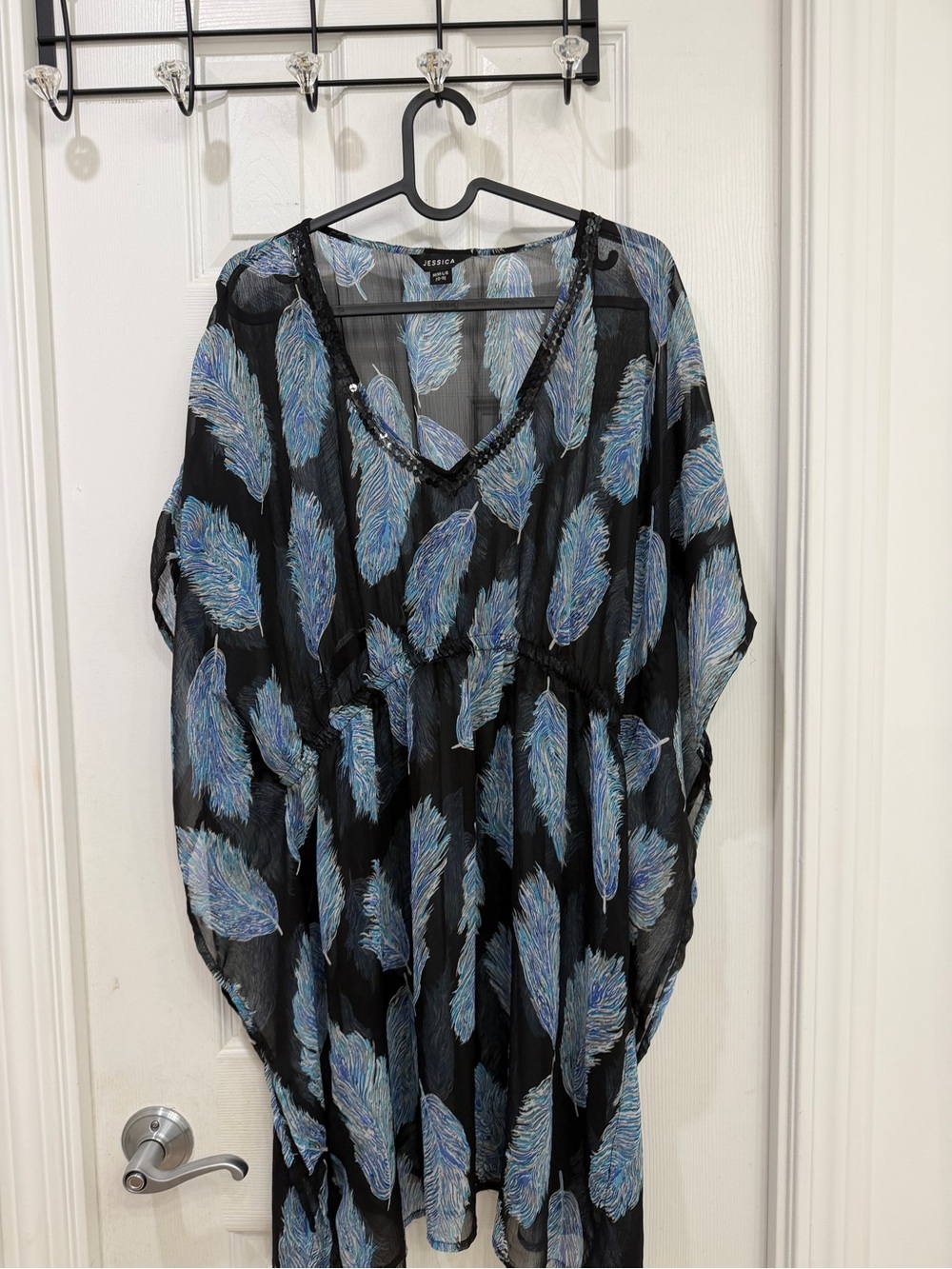 Jessica Black Sheer Cover up with Blue Feather Motif - Picture 5 of 5